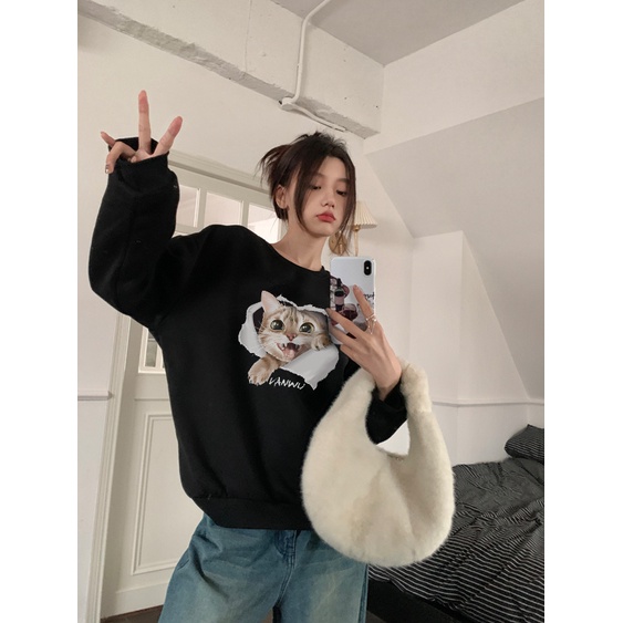 EUNII Sweater Lengan Panjang Cartoon Torn Cat Korean Style/Hoodie Oversize/Baju Wanita/Switer Wanita