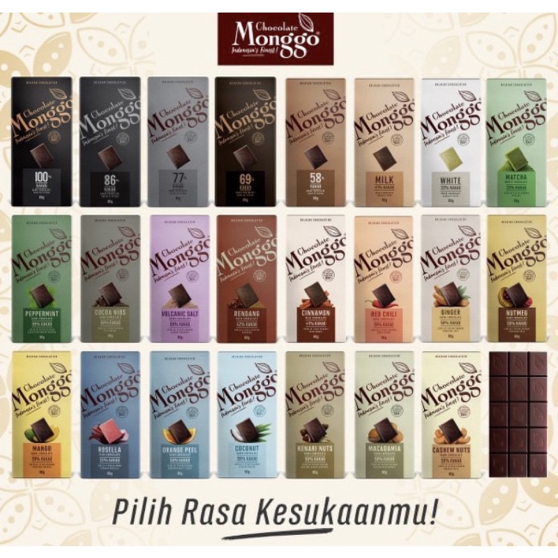 

Chocolate Monggo 80gr / Cokelat / Monggo / Chocolate / Dark / Cacao / Cashew / Nut / Chia Seed / Apricot / Volcanic / Salt / Cocoa / Nibs / Milk / Matcha / Coconut / Nuts / coklat / susu / putih / hitam / kacang / diet / Keto / green tea