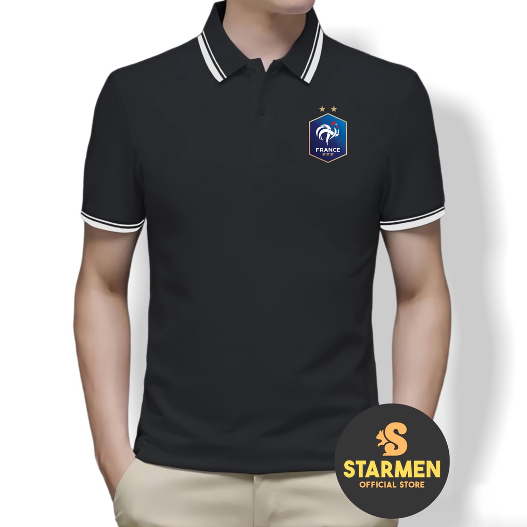 Kaos Polo Shirt Pria Kerah List Putih logo FRANCE