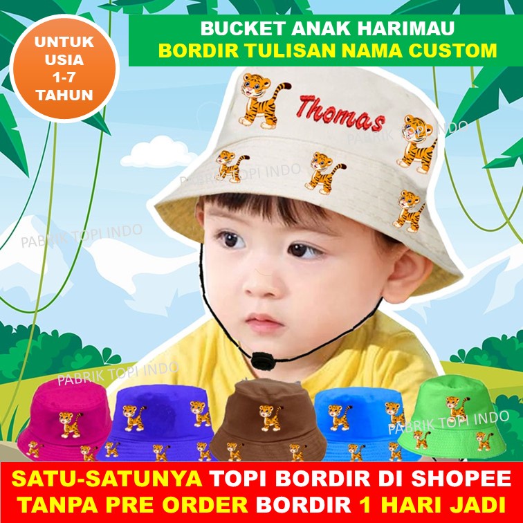 Topi Bucket Anak Tiger Harimau Custom Bordir Nama Usia 1 - 7 Tahun