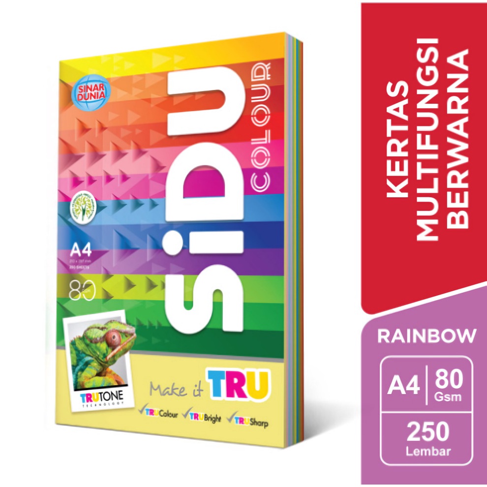 

[1 BUNGKUS] Kertas Hvs Sidu Rainbow (10 Warna) Ukuran A4 80 Gsm Isi 250 Lembar