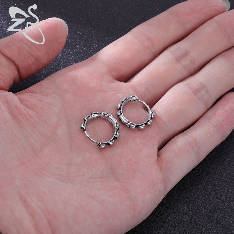 1pasang Anting Hoop Punk Stainless Steel Tengkorak Bulat Anting Cross Bunga Mawar Cricle Earrings Korea Anting Bulu
