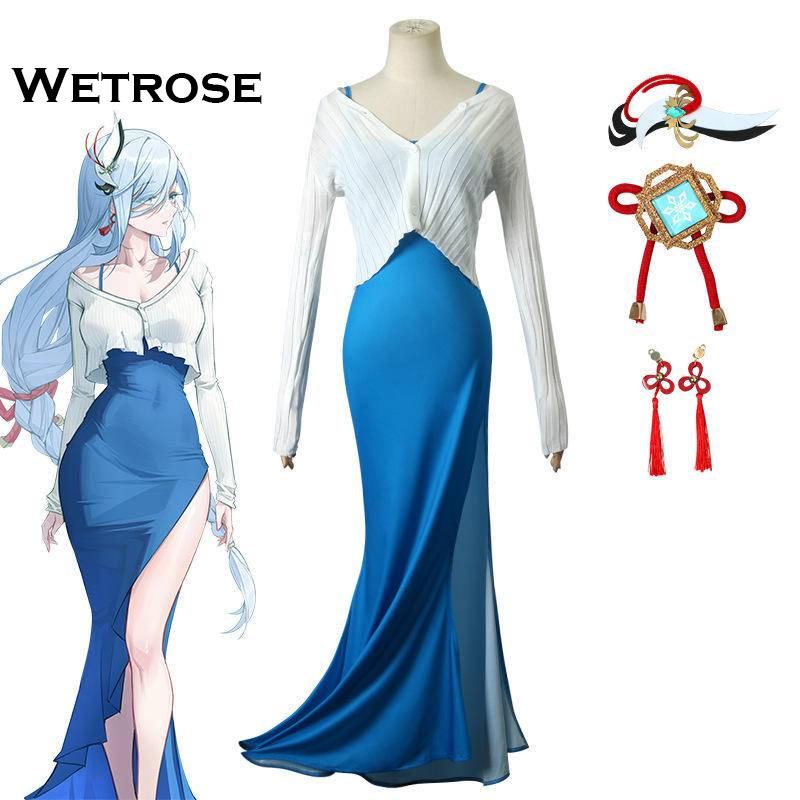 【Wetrose】Genshin Impact Shenhe Daily Cos Clothes Anime Role-playing Suspender Knitting Cardigan Suit Cosplay Costume Dress Baju Kostum