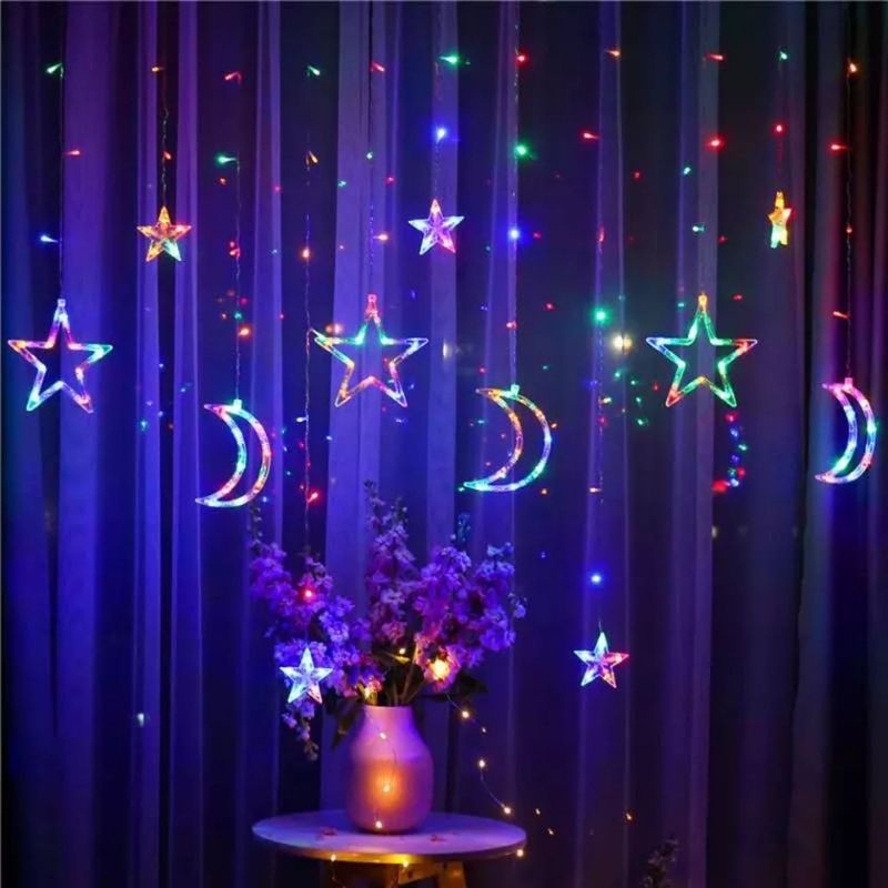 LAMPU STAR MOON GANTUNG RGB RAINBOW BULAN BINTANG TIRAI KAMAI JENDELA BENTUK BESAR 3.5M LED WARNA WARNI KUNING HIAS KADO DEKORASI NATAL TUMBLR