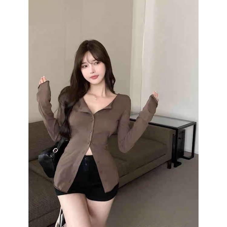 ☾❁Suhao Gaya Hong Kong Bumbu Manis Gadis Keinginan Murni Gaya Baru Fashion Awal Musim Gugur Atasan Wanita Slim Slim Fit Pengurangan Usia kasual Serbaguna T-Shirt