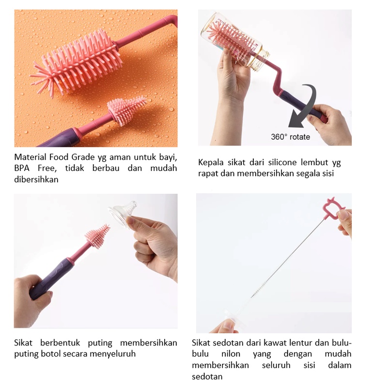 Sikat Silikon Set 3in1 Bottle Nipple Straw Brushes / 2in1 Sikat Busa Sponge Botol Dot Susu Bayi 360 Degree Brush