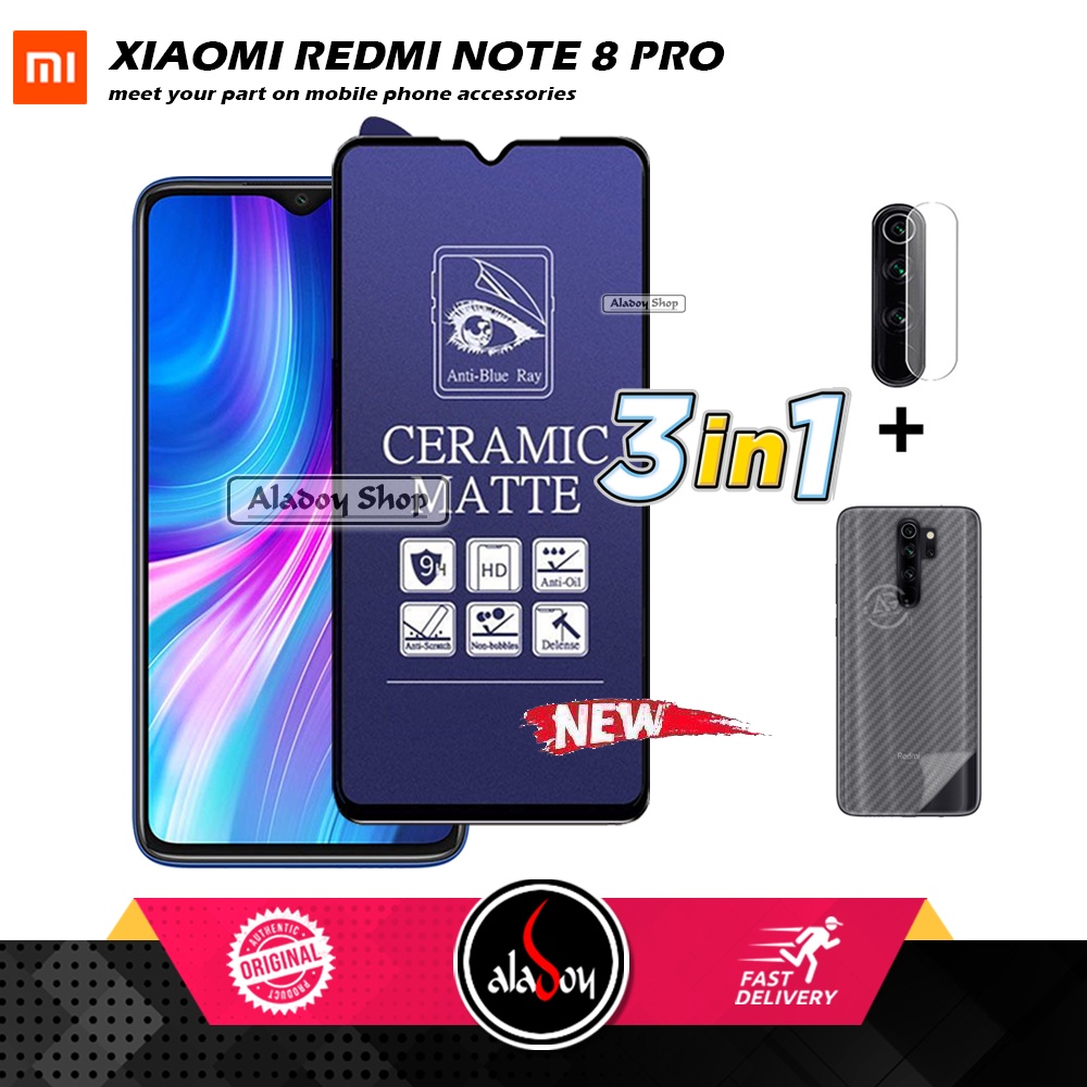 PAKET 3IN1 Anti Gores Blue Matte Anti Glare Xiaomi Redmi Note 8 Pro + Tempered Glass Camera dan Skin Carbon