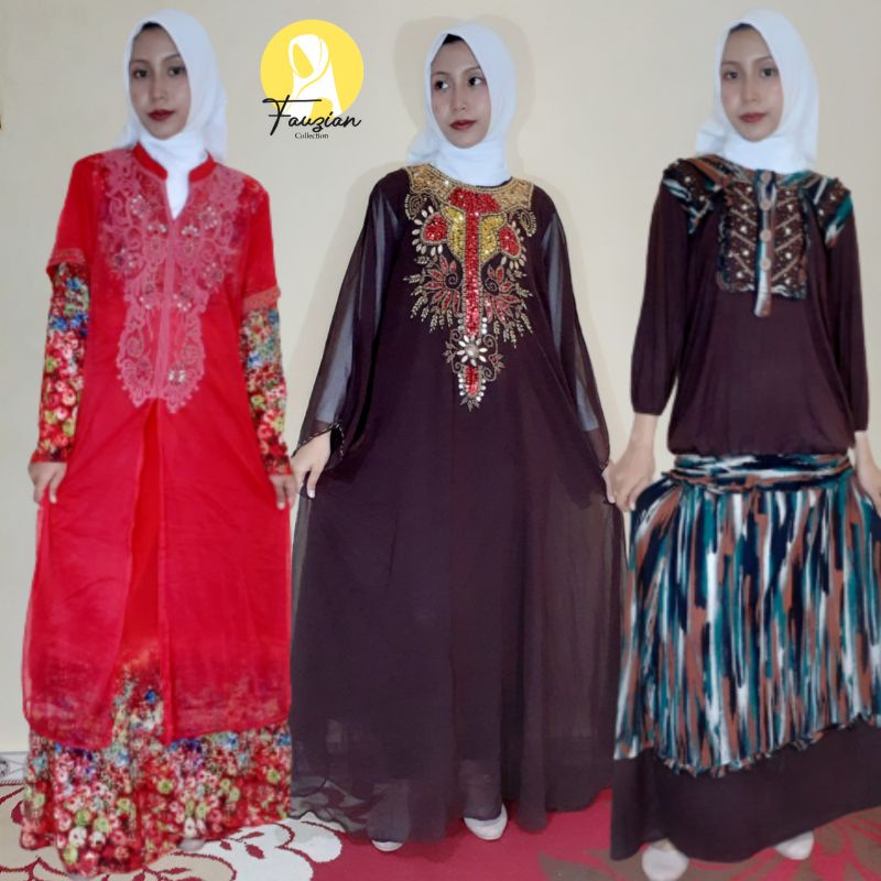 Gamis Ceruti Babydoll Mix Tile Full Furing/Kaftan Swarovski Mewah/Set Rok Coklat