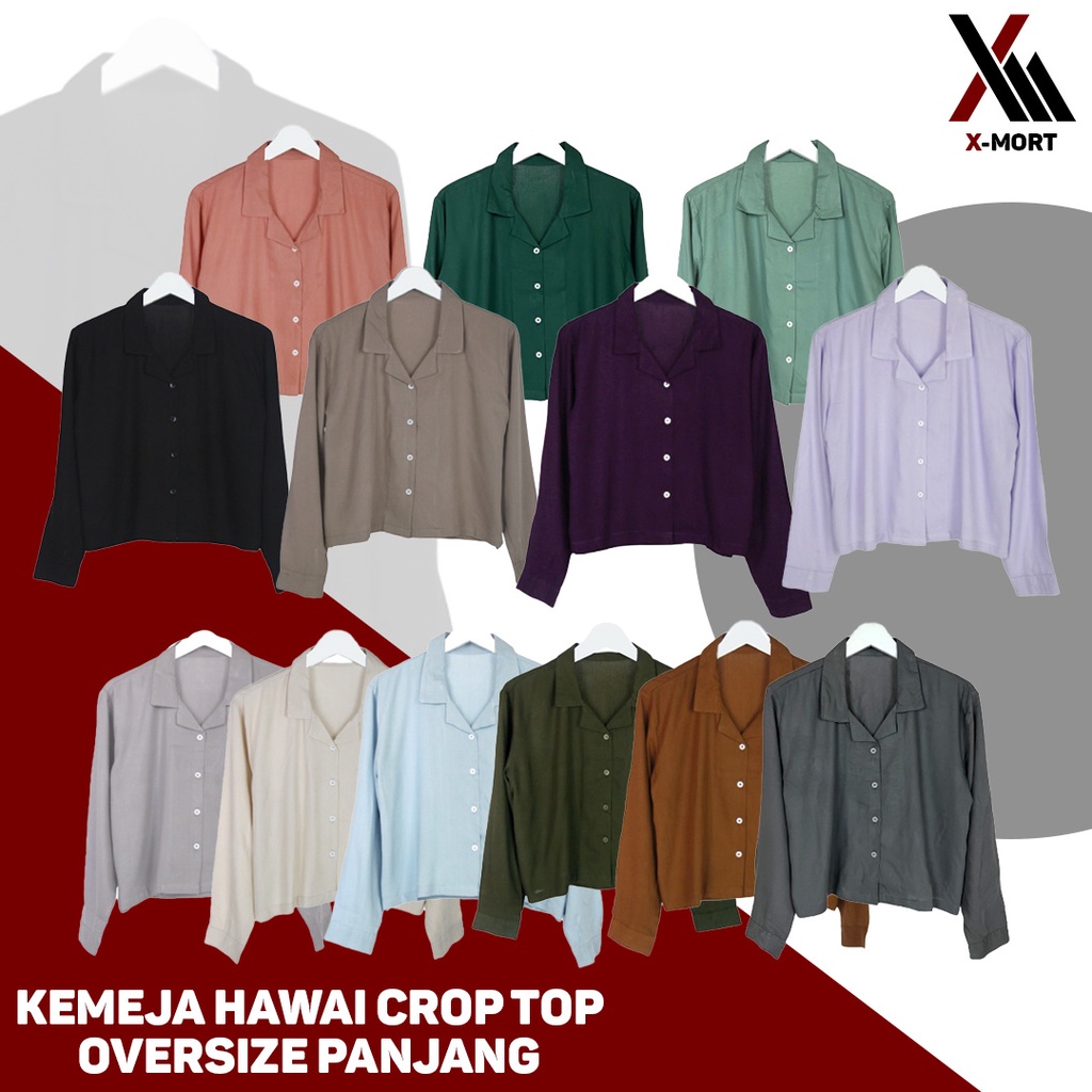 Kemeja Hawai Wanita Crop Top Oversize Lengan Panjang