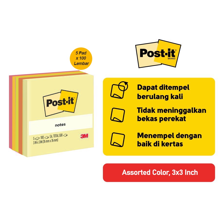 

Pusapu 3M Post-It Original Super Sticky Notes 654-5ASST memo 3x3" 500lbr