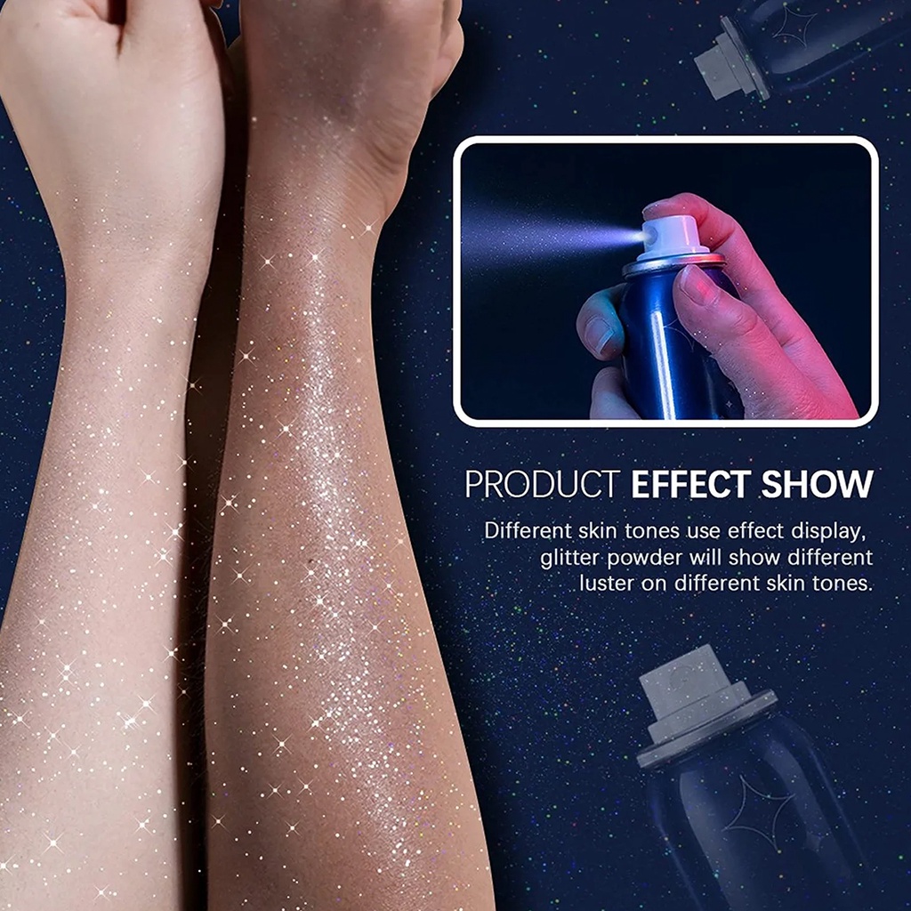 【Baru】ibcccndc Shiny Glitter Spray Quick-Drying Waterproof Glitter Powder Spray body hair face and Clothing painting glitter for Party &amp; Dating Highlight Powder Spray 60ml