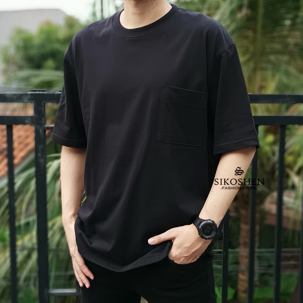 Kaos Oversize Hitam Polos Pria Bahan Tebal Saku Depan