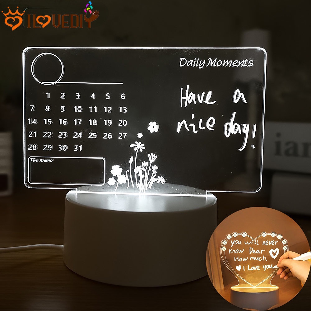 Memo Night Light with Pen USB Charging Pencahayaan Hemat Energi Lampu Kalender LED Bening Anak Pacar Hadiah Ulang Tahun Kreatif Dekorasi Kamar 3D Akrilik Papan Pesan Lampu