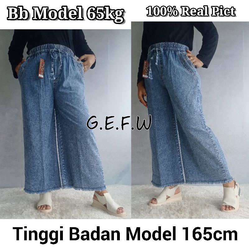 Celana Kulot Jeans Rawis Pinggang Karet All Size Fit XL Dari Bb 50kg Sampai Bb 75kg / Kulot Levis Panjang Model Bawah Robek Sobek Warna Snow Hitam Snow Biru Bahan Denim Lembut Dan Halus Tidak Luntur