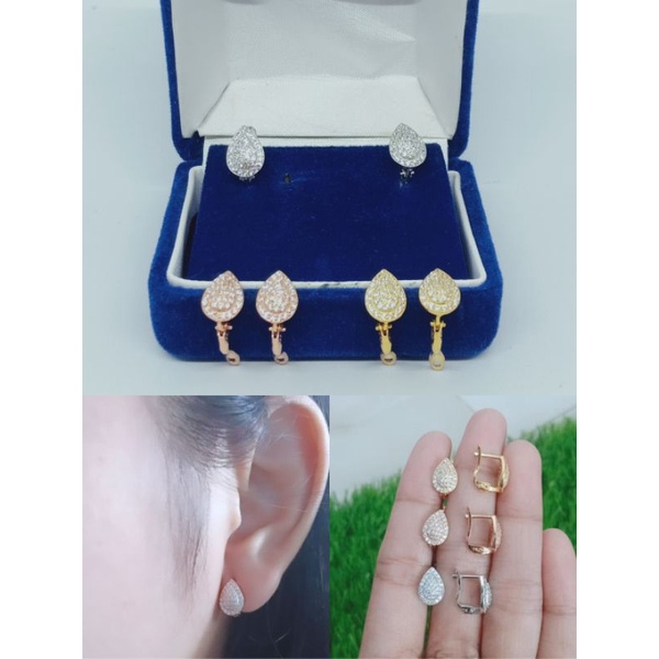 anting jepit tears mata putih perak asli silver 925 lapis emas- perhiasan anting perak asli berlapis emas