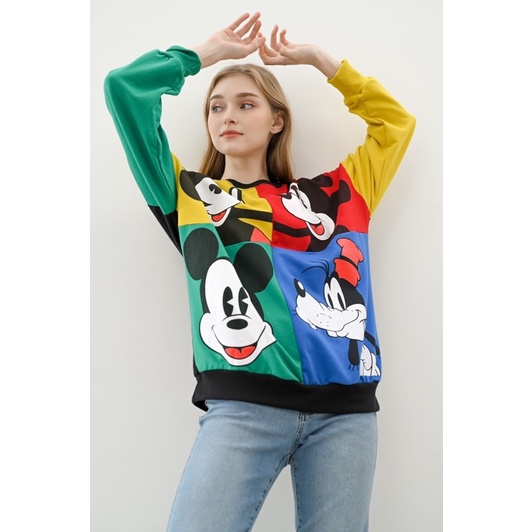 Sweater Wanita tangan panjang Print Mickey Color Block Free masker