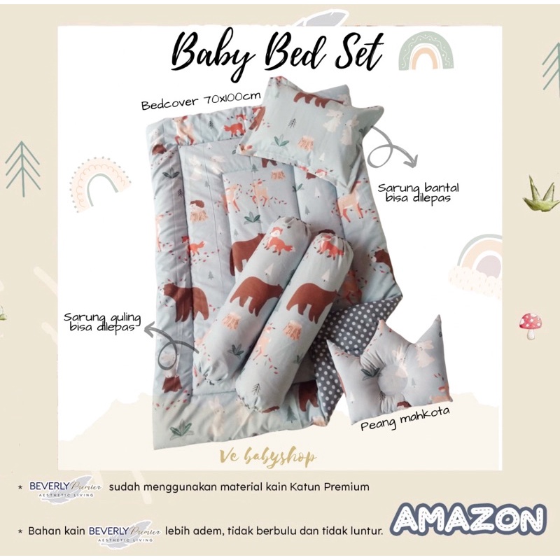 Bedcover Bayi Set Lengkap ( Bedcover, Bantal Guling Bayi, Bantal Crown ) Baby Bedding Set Kado Bayi Motif Anak