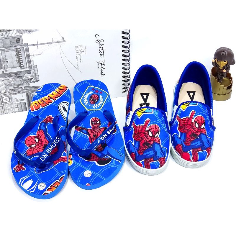 Sepatu Anak Laki laki Paket Sepatu dan Sandal Jepit Anak Laki Laki Karakter Spiderman Biru Navy