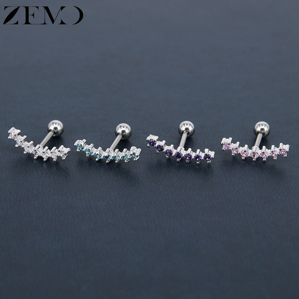 1pasang 4warna CZ Anting Tindik Tulang Rawan Telinga Bola Sekrup Perhiasan Stainless Steel Bentuk Melengkung Stud Earrings