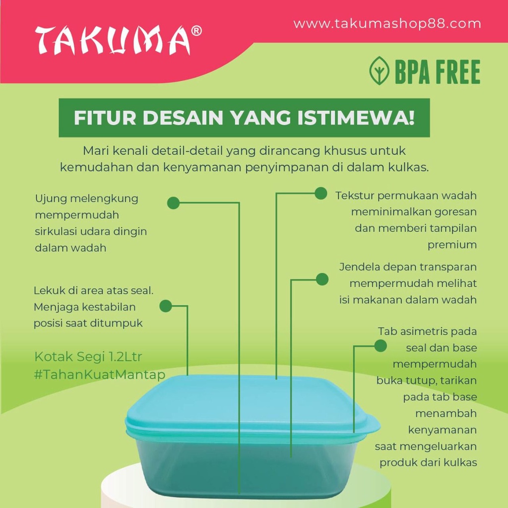 Rizkyonline88 Kotak makan segi makanan serbaguna kotak persegi makanan ukuran 1,2 liter KS505