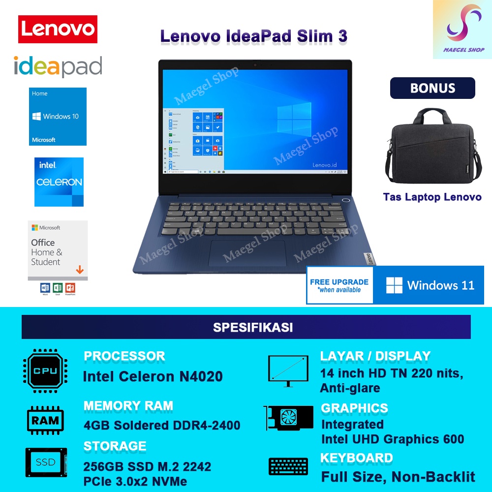 Lenovo Ideapad Slim 3i Laptop 14 inch - Intel N4020 - 4GB RAM - 256GB SSD - Win 11 + OHS Gratis