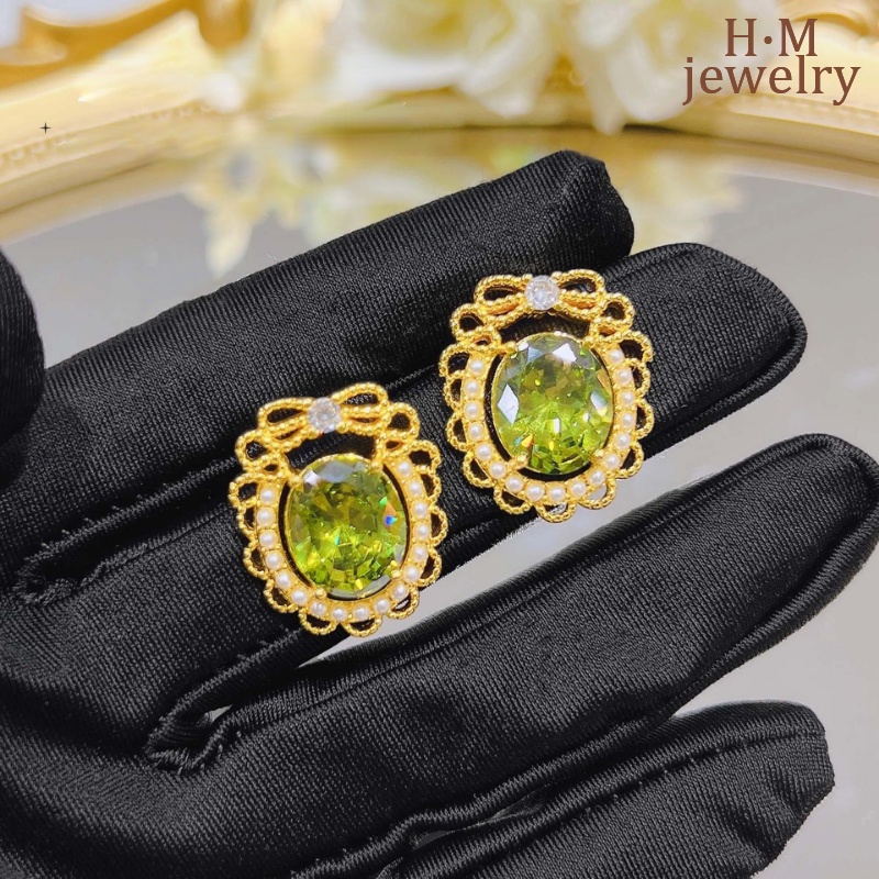LUSH Anting Vintage Elegan Rimbun Hijau Olive Earrings Mutiara Kristal Hijau Hutan Rimbun
