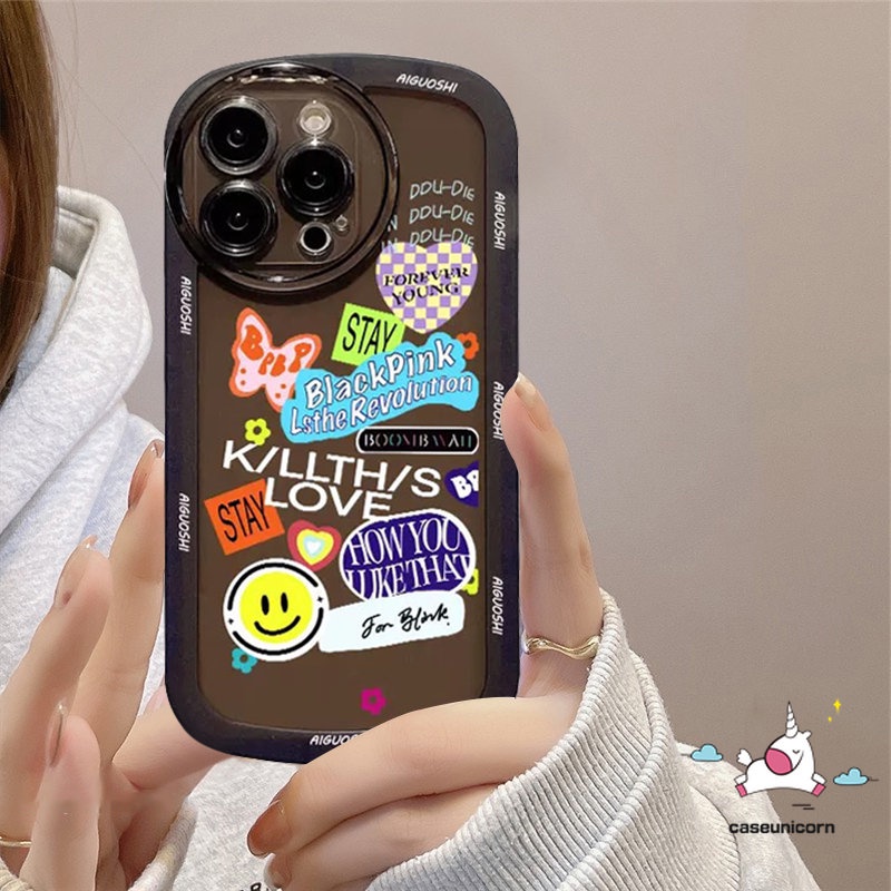 Shockproof Airbag Phone Case Compatible For iPhone 11 14 12 13 Pro Max XR 6 6s 7 8 Plus XS MAX X SE 2020 Trend Fashion Casetify BlackPink Sticker Label Smile Soft Back Cover