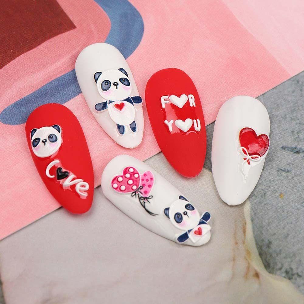 AUGUSTINA Agustina Kartun Stiker Kuku 5D Relief Lucu Valentine Day Nail Art Kelinci Manicure Aksesoris Panda Nail Art Dekorasi