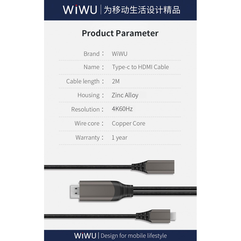 739 WIWU X10 - Type-C to 4K HDMI Cable - NS Switch Compatible - 200cm