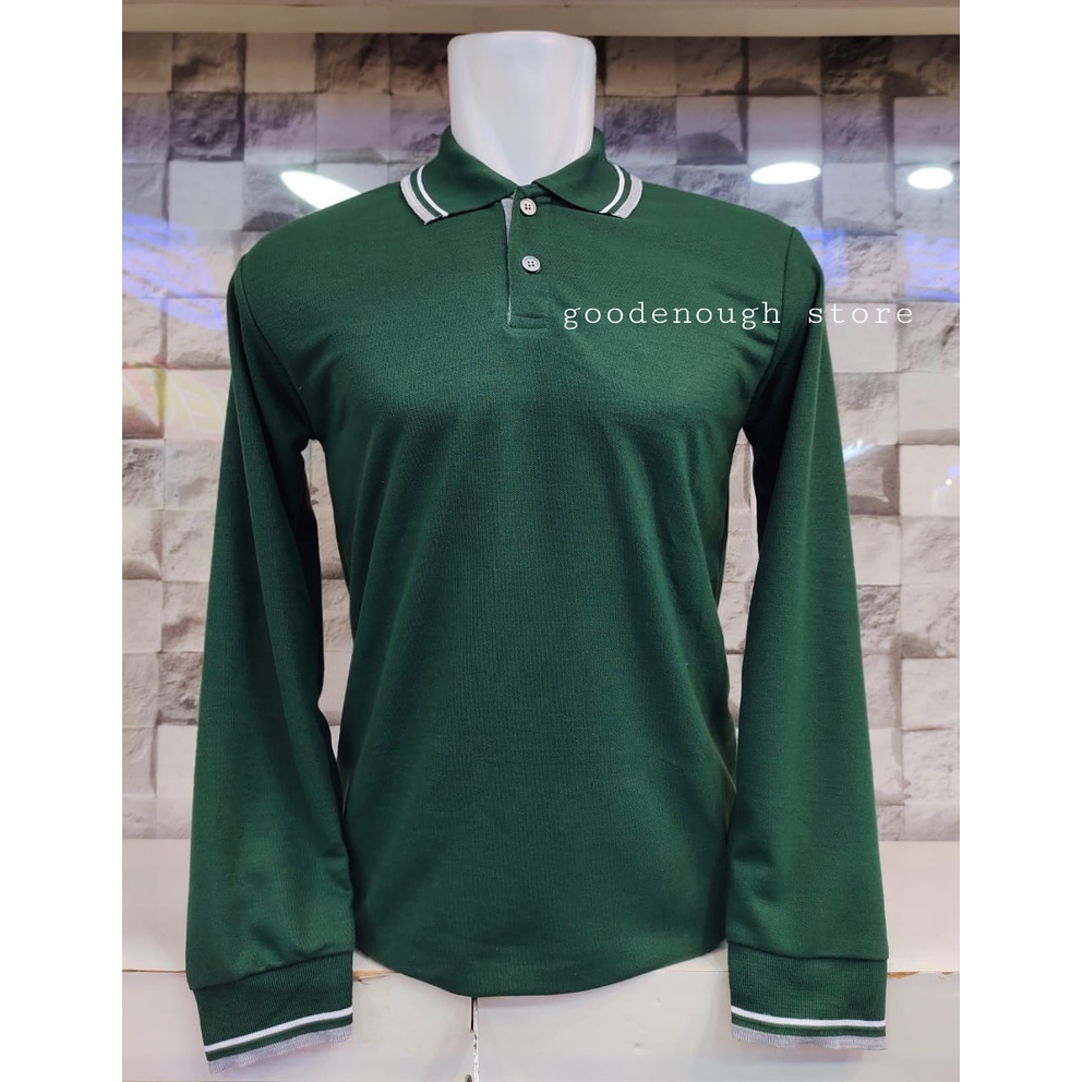 Kaos Kerah Polo Shirt Lis Lengan Panjang Warna Hijau Botol Untuk Cewe Cowo Seragam Partai