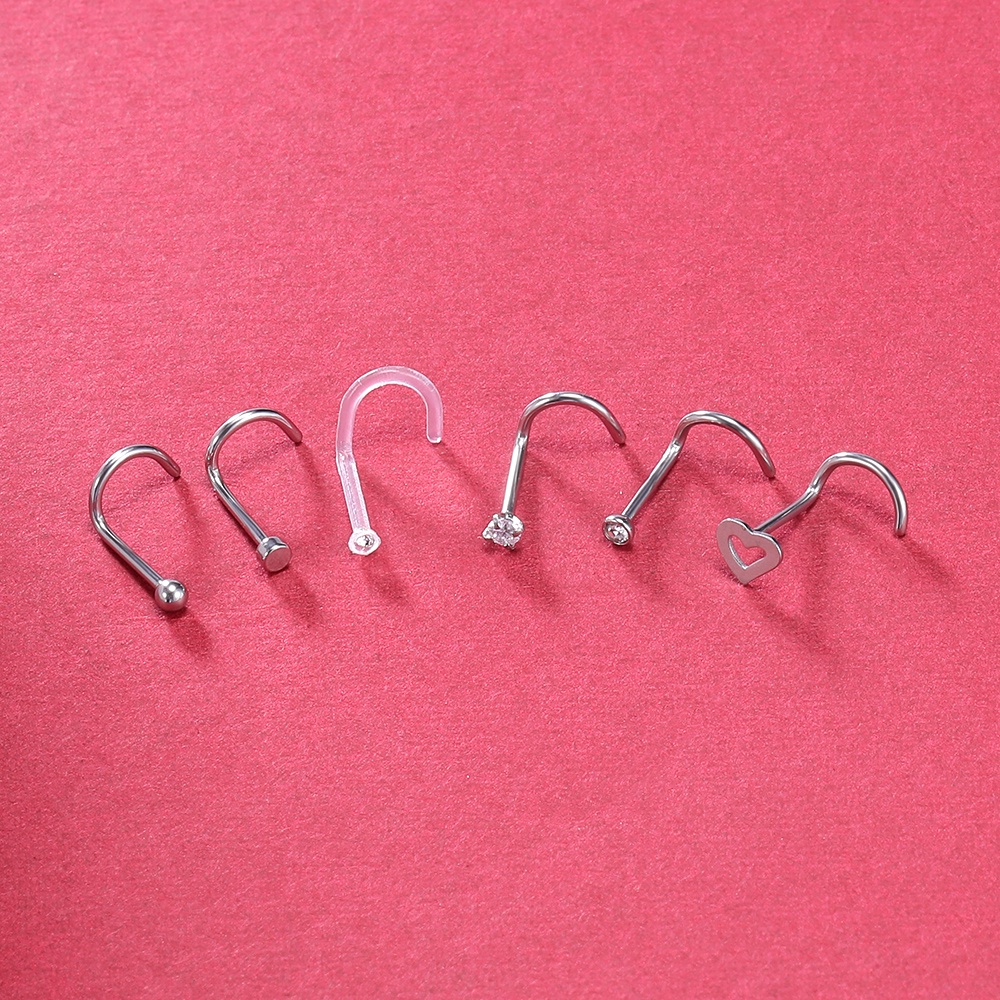 6-10pcs 1.5/2.5/2.5/3mm Warna Tindik Hidung Kristal Stainless Steel Nose Studs Heart Ball Nose Rings Bentuk L Tindik Hidung