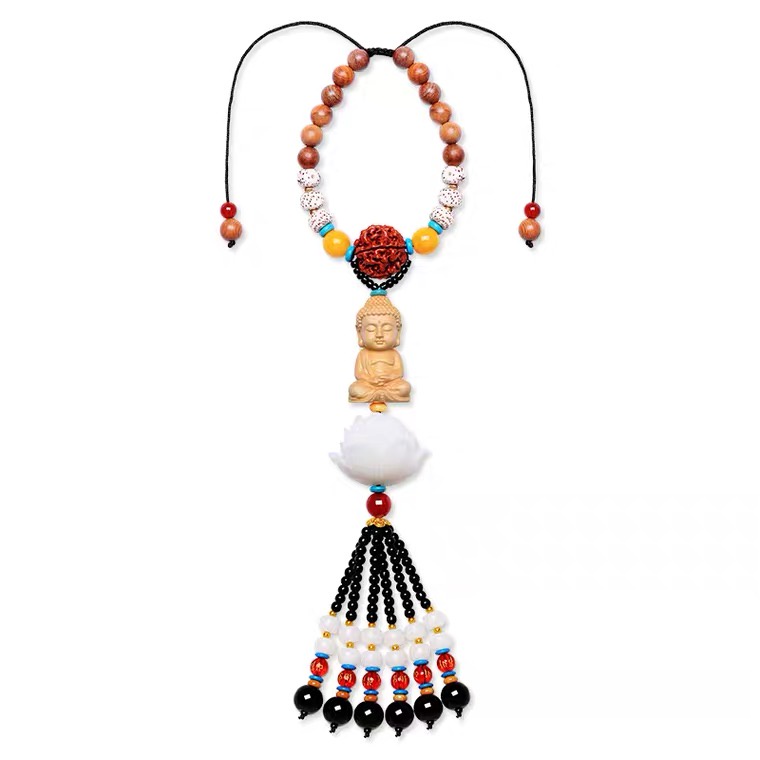 The new white lotus car pendant boxwood Buddha beads safe travel kaca spion ornamen kayu solid aksesoris interior mobil