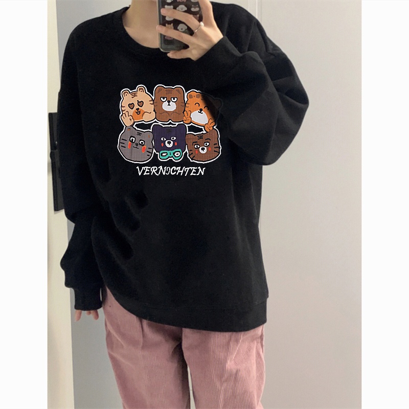 EUNII Sweater Lengan Panjang Cartoon Cats Korean Style/Hoodie Oversize/Baju Wanita/Switer Wanita