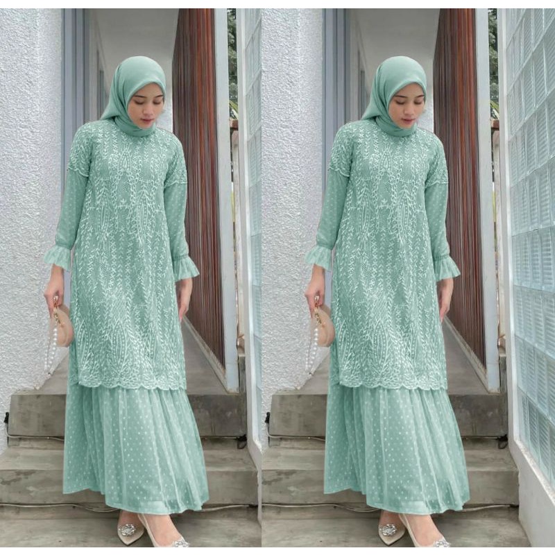 Zaina Dress Baju Gamis Brukat Tile Remaja Dewasa Seragam Pesta Wanita Muslim - Sage Green Hijau Sage
