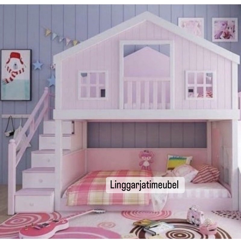 Tempat tidur tingkat bentuk rumah Perosotan Seluncur anak perempuan dewasa kayu 3 susun dipan tingka