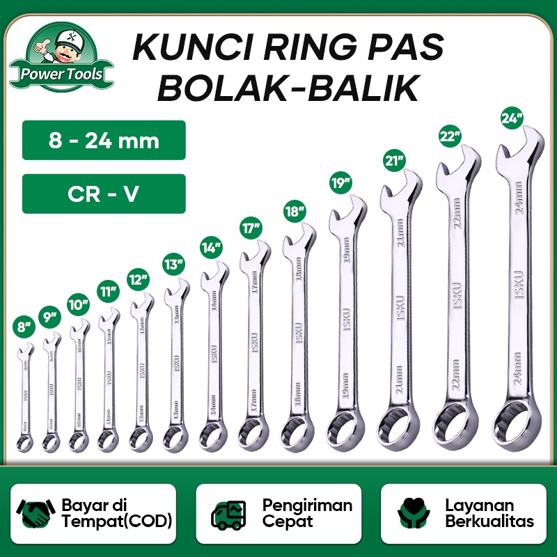 ISKU Kunci Ring Pas Set 8-24mm Mantap Combination Wrench Mirror Polished 11pcs/13Pcs Kunci Pas Tools