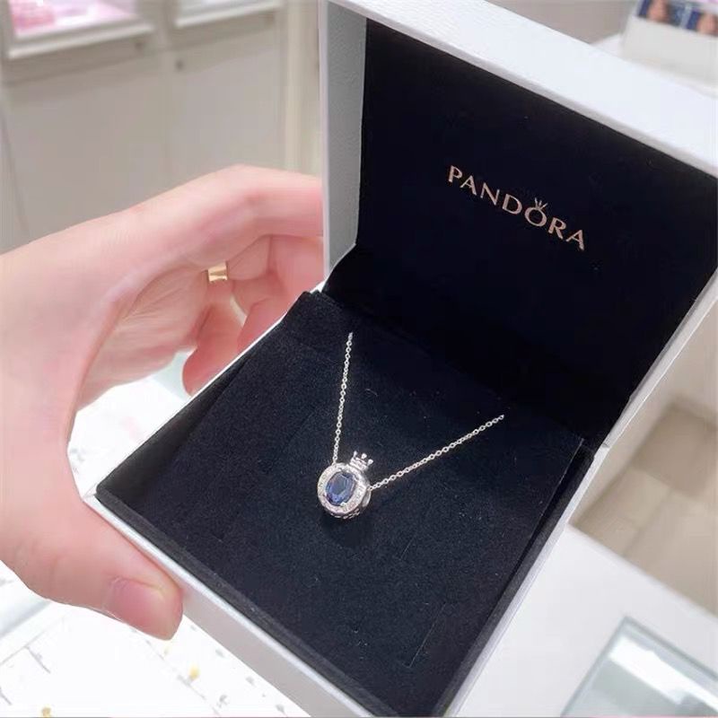 Pandora Kalung925 Perak Perak Biru Cubic Zirconia Mahkota Berlian Liontin Kalung Wanita Fashion Perhiasan Aksesoris