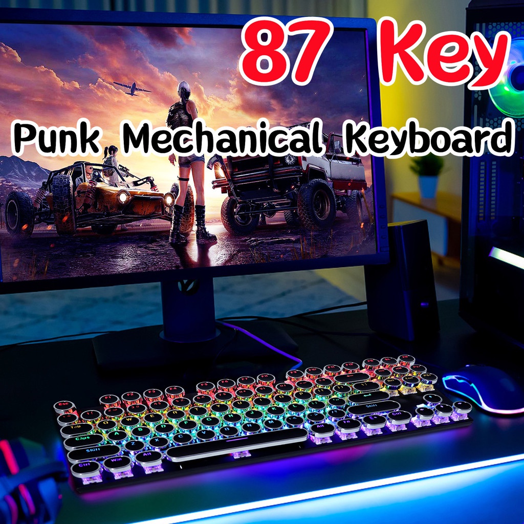 Mesin Steam Punk USB 87kunci Keyboard Kabel 87kunci Keyboard Mekanik Punk 7warna Backlit