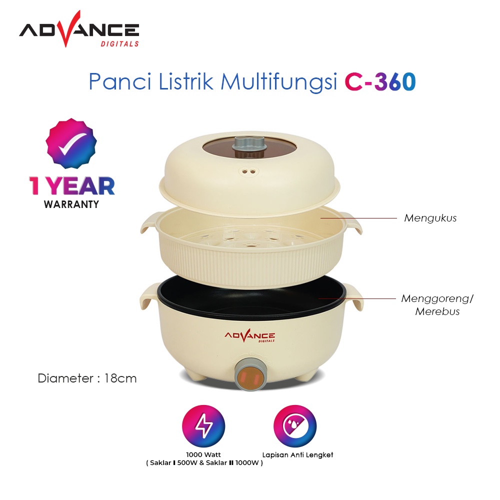 ADVANCE Panci Electrik Pengukus C-360 Panci Listrik Multifungsi Warmer Steamer Cooker