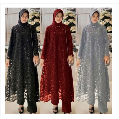 Baju Set Long Tunik Baju Setelan Brukat Celana Panjang 2in1 Wanita Dewasa Pesta Kondangan Mewah Eleg