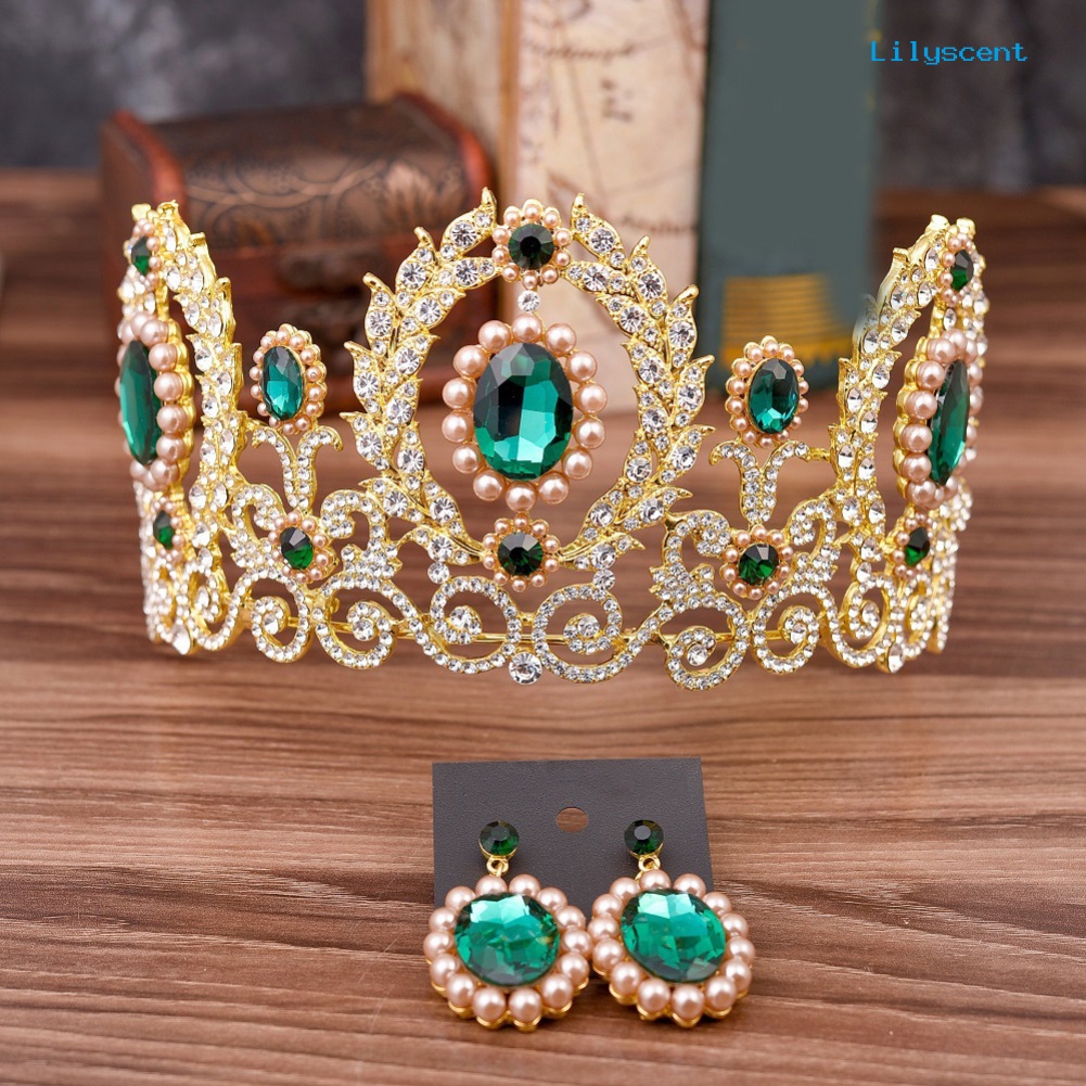 [LS]Baroque Wanita Berlian Imitasi Mahkota Mutiara Imitasi Tiara Anting Set Perhiasan Pernikahan