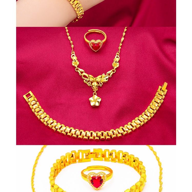 Goldkingdom Perhiasan Fashion Emas Asli Kadar 375 Bangkok Aksesoris Ready Stock Design: Tanaman Dan Bunga Warna: Cincin Hati Pembukaan Merah, Gelang Tank Rantai, Kalung Bunga One-piece Datar Prod