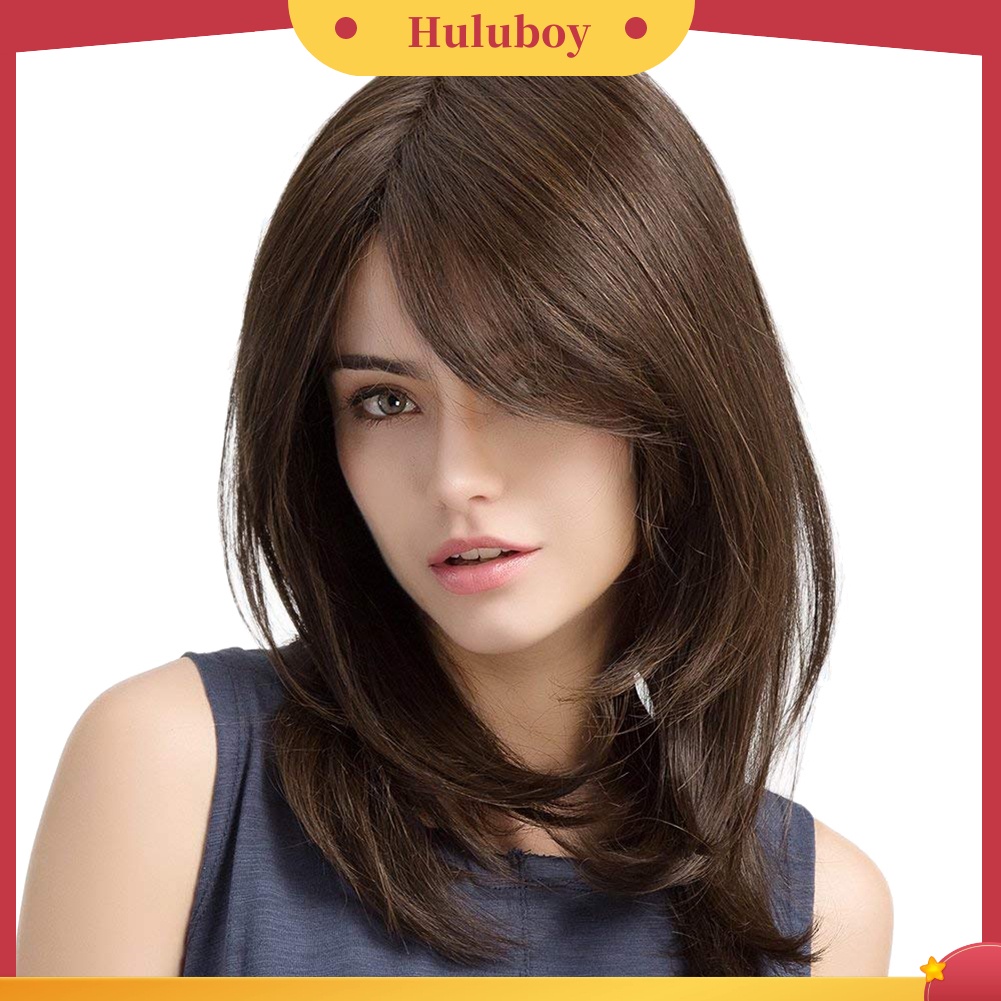 Wig Rambut Panjang Lurus Natural Dengan Poni Samping Untuk Wanita