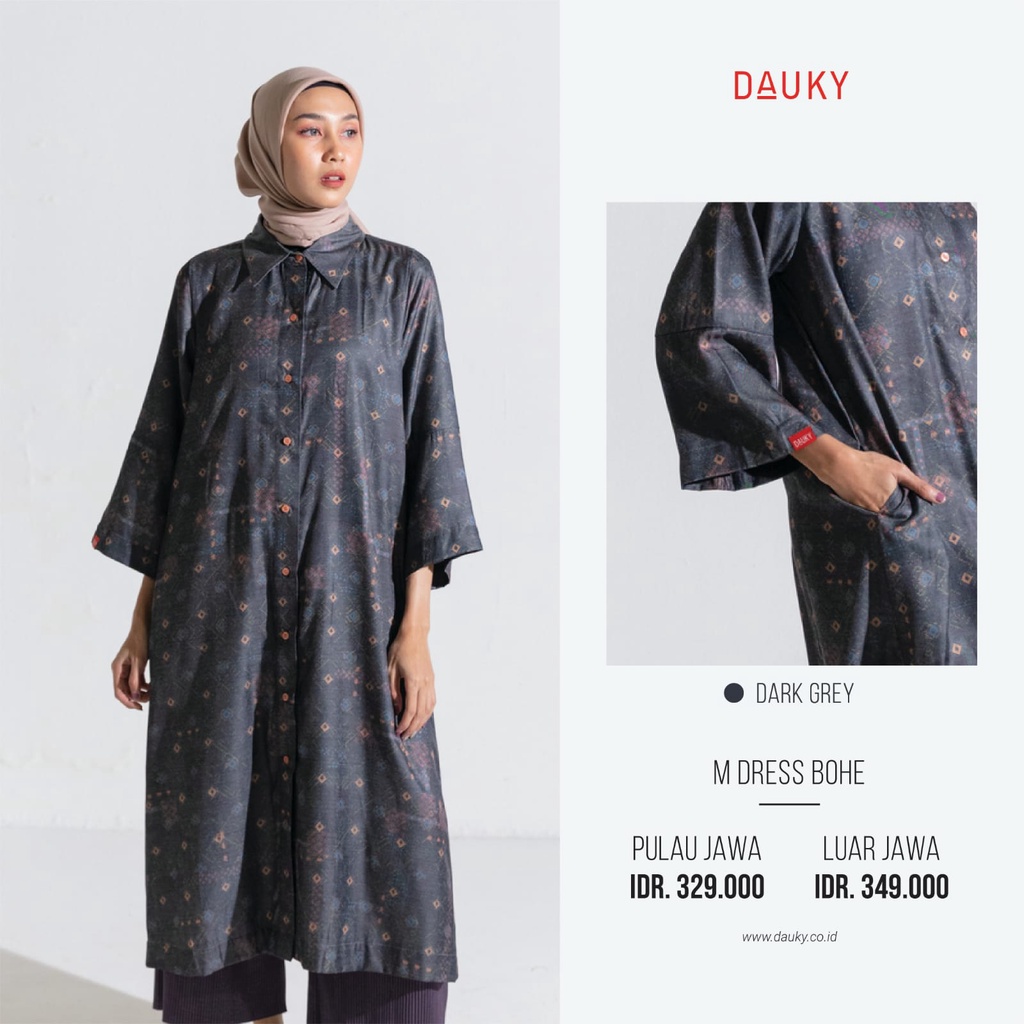 BAJU TERUSAN DRESS MOTIF MIDI DRESS MOTIF DAUKY DRESS BAHAN KATUN M DRESS BOHE DAUKY