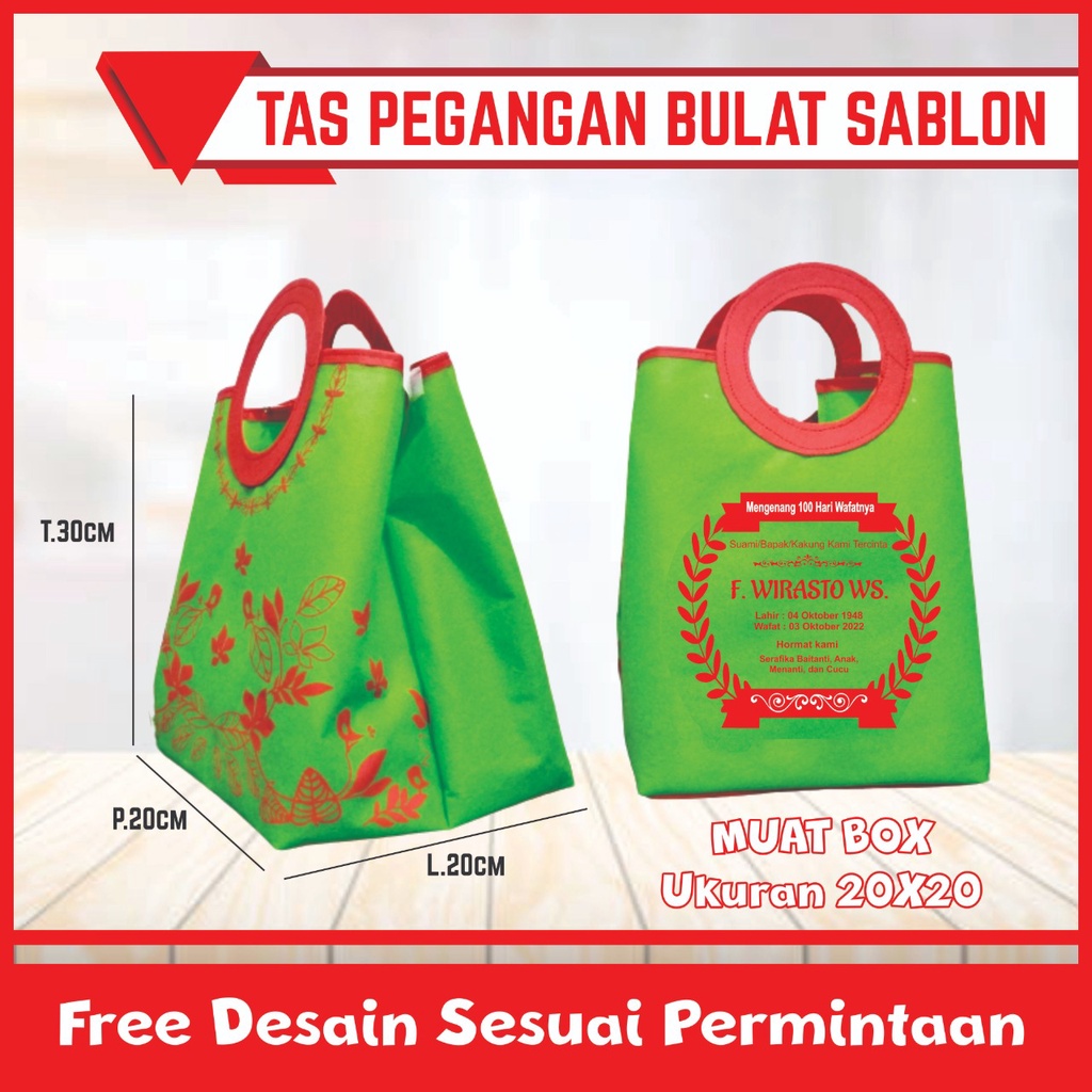 

TAS HAJATAN SPUNBON MUAT NASI BOX 20cm / SABLON NAMA DAN ACARA / PEGANGAN BULAT