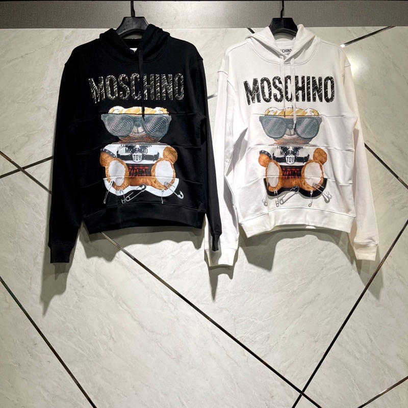 Hoodie Pria Wanita Mos Embriodered Glasses TeddyBear Black White