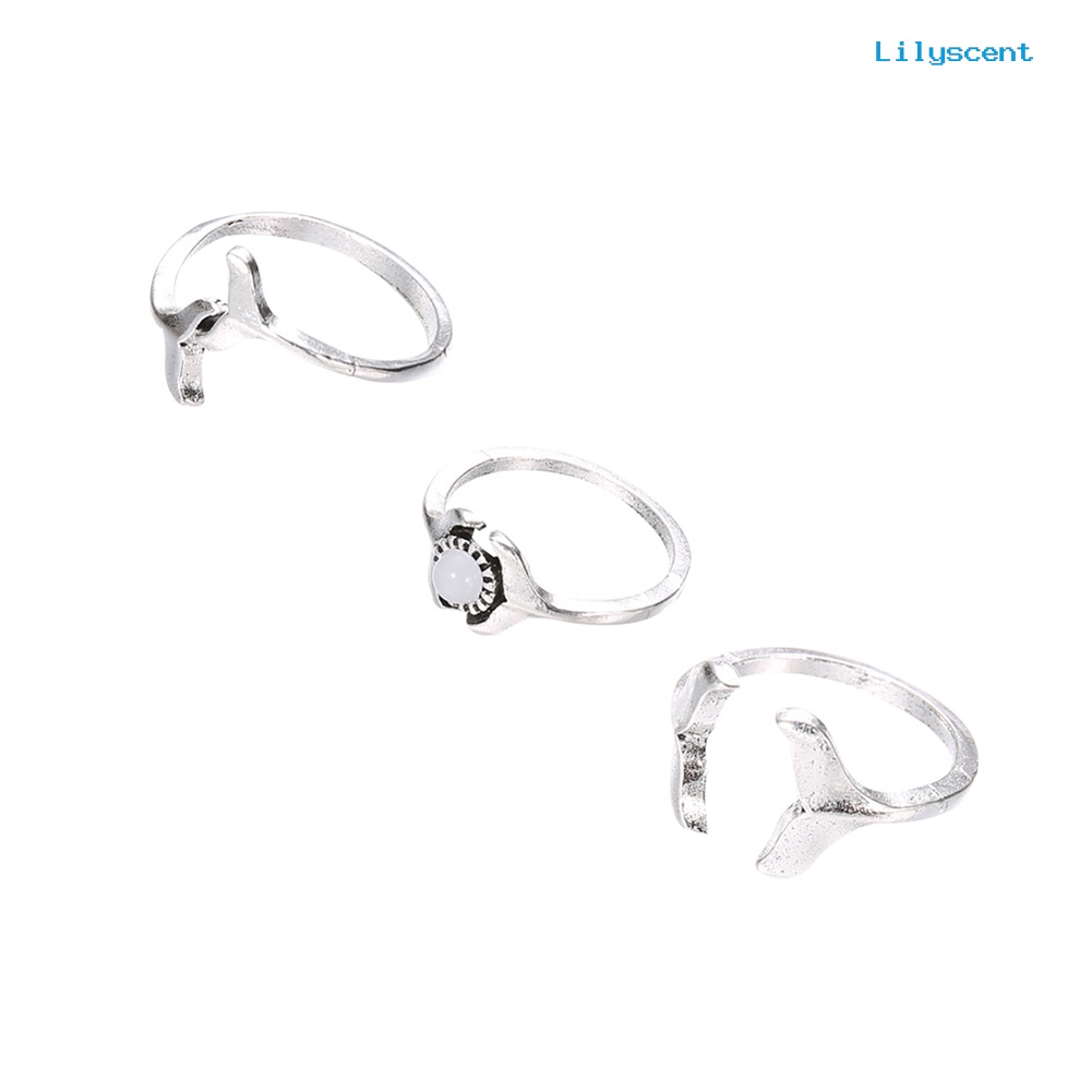 [LS] 3pcs/set Wanita Fashion Ikan Paus Ekor Imitasi Batu Permata Midi Knuckle Jari Cincin Perhiasan