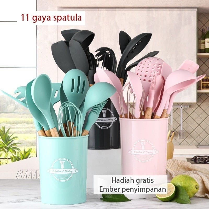 SILICON UTENSIL SET 12 PCS / SPATULA PERALATAN MASAK / SUTIL PEGANGAN KAYU BAKING SET + WADAH SUTIL FREE PACKING DUS FBL