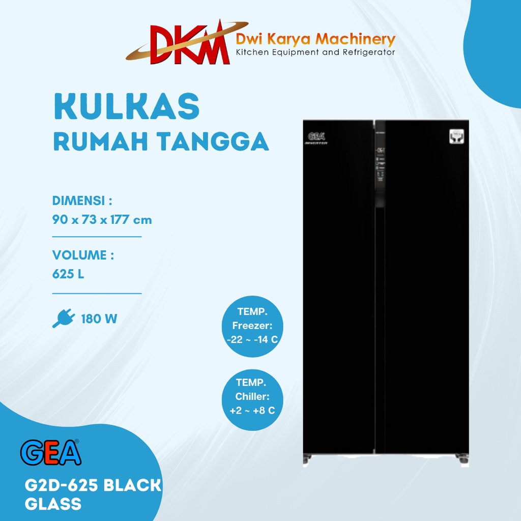 KULKAS GEA 2 PINTU JUMBO SIDE BY SIDE INVERTER TYPE G2D 625 BLACK GLASS