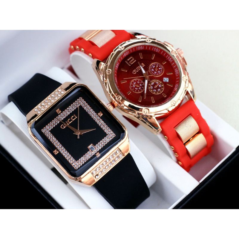 (Terima Cod)Jam Tangan Wanita Buy1 Get1 Gucc1 Mata/Gues Ring Rose Tanggal Aktif Strap Rubber/Karet(Dikirim Jakarta)